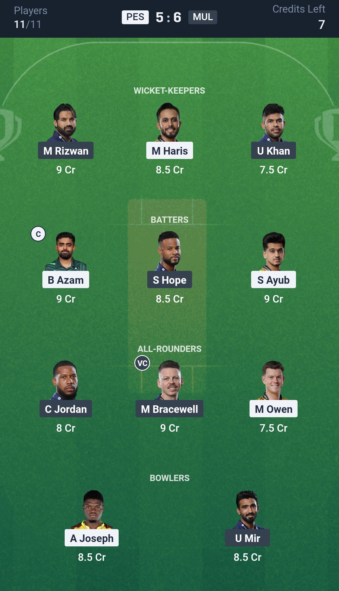 PES vs MUL Dream11 Prediction Today Match 9 Playing XI PSL 2025 Grand League Team