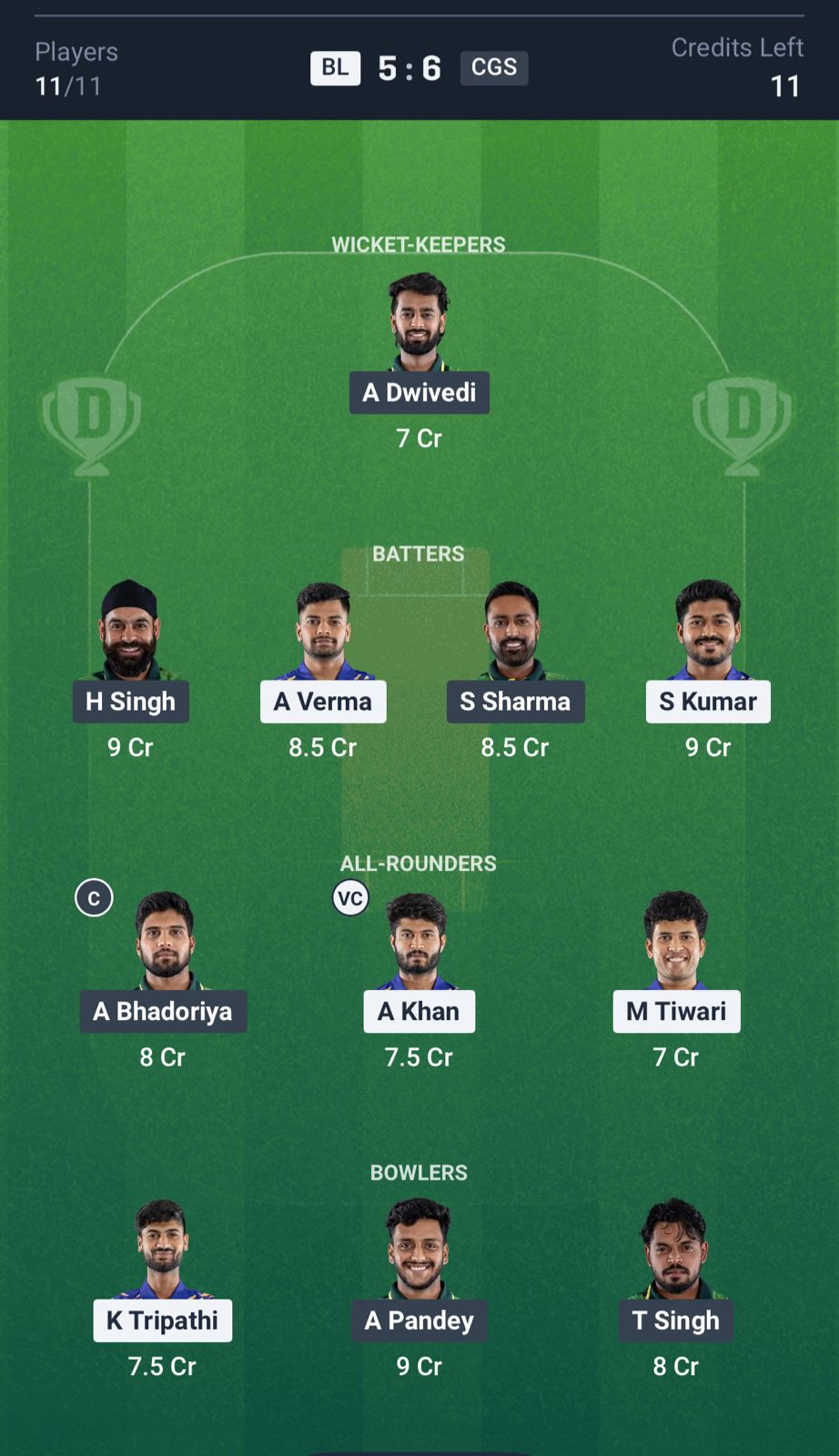 BL vs CGS Dream11 Prediction, MP T20 League MATCH Final Grand League Team
