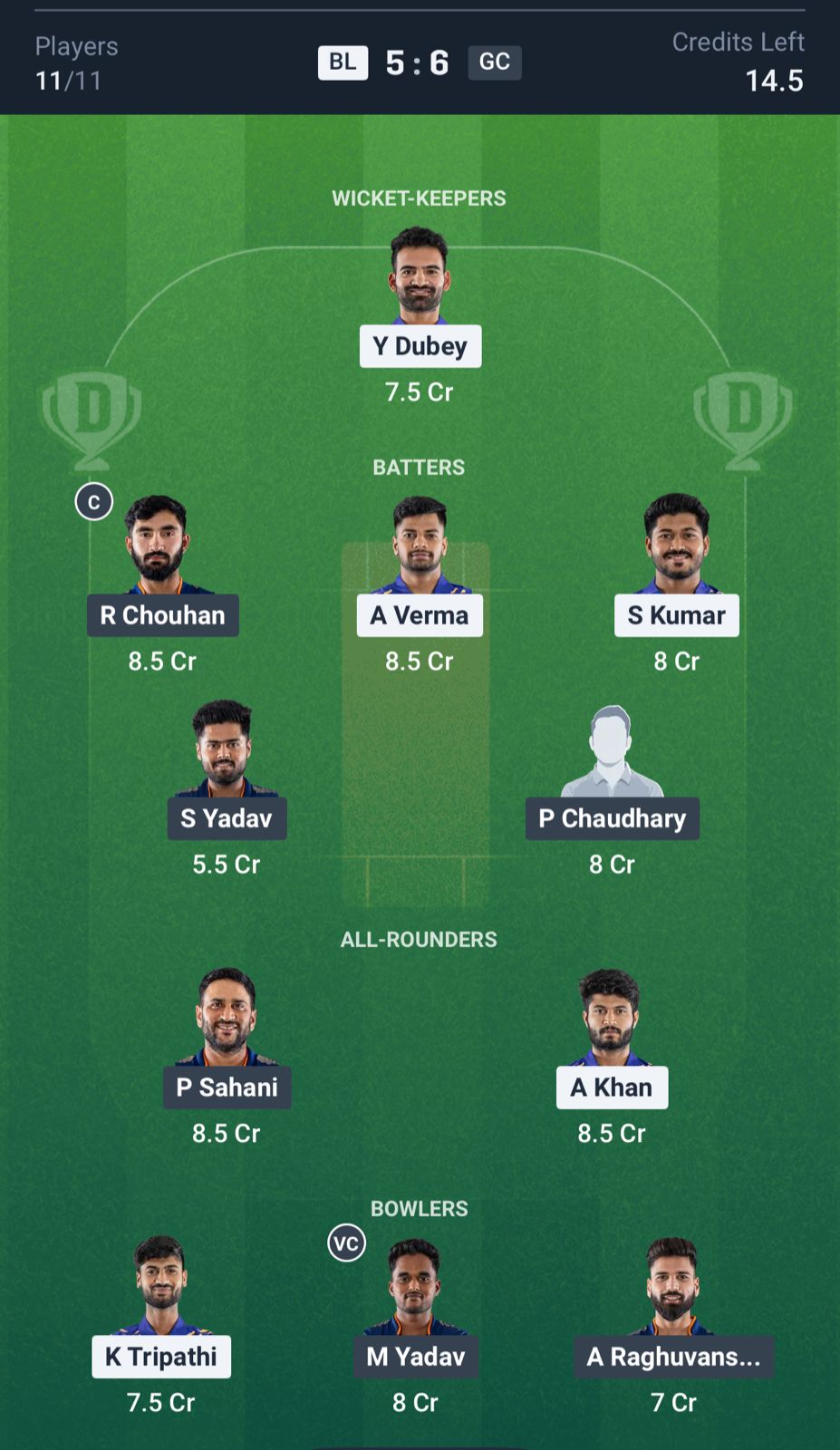 BL vs GC Dream11 Prediction, MP T20 League MATCH 17 Grand League Team