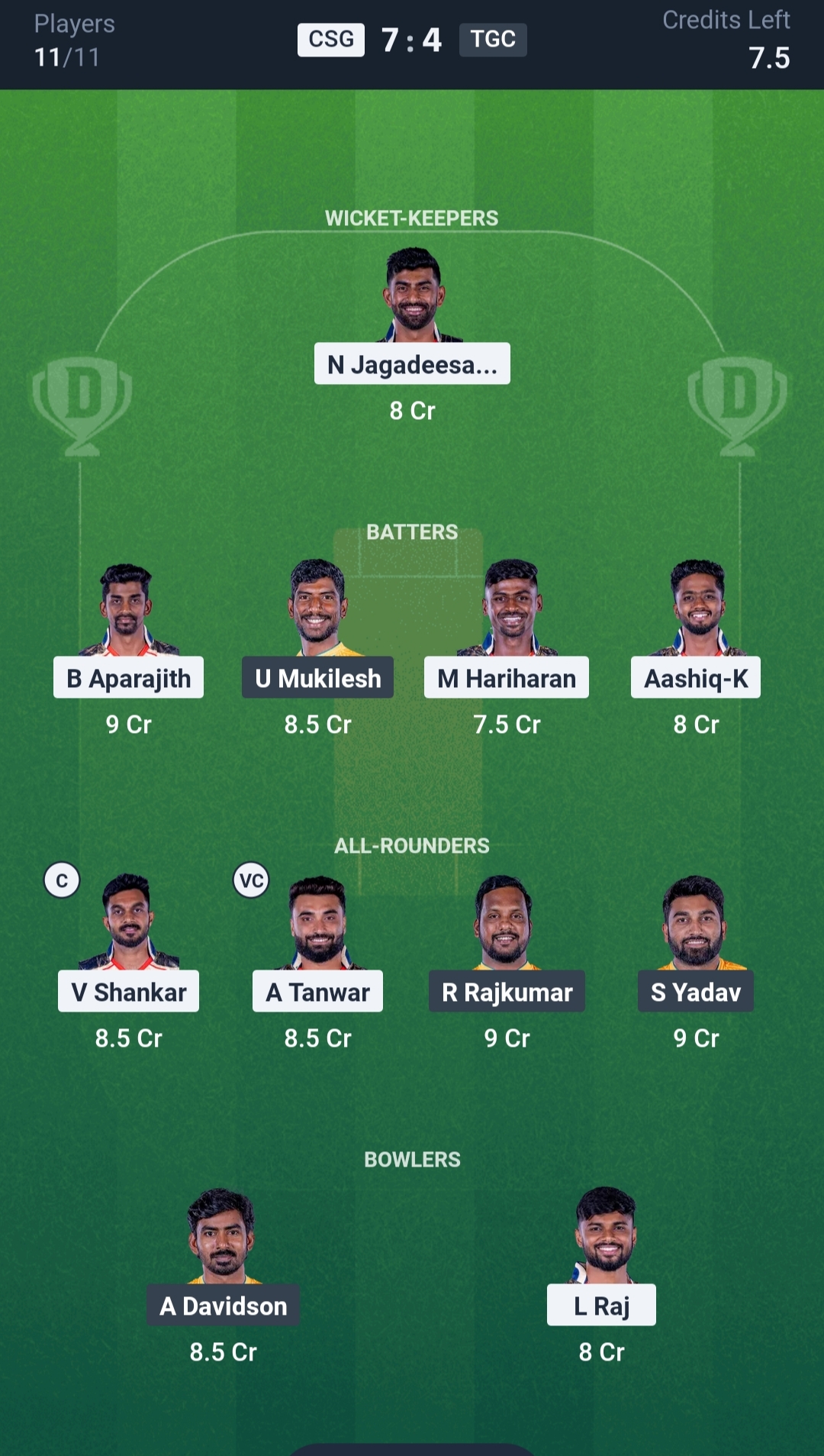 CSG vs TGC Dream11 Prediction Today TNPL 2025 Match 21 Playing XI Grand League Team