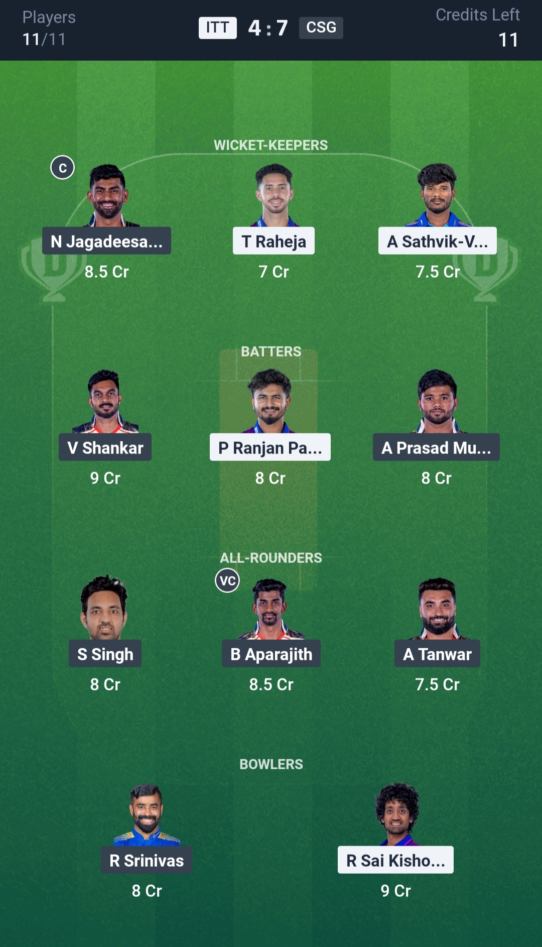 ITT vs CSG Dream11 Prediction Today TNPL 2025 Match 2 Playing XI Grand League Team