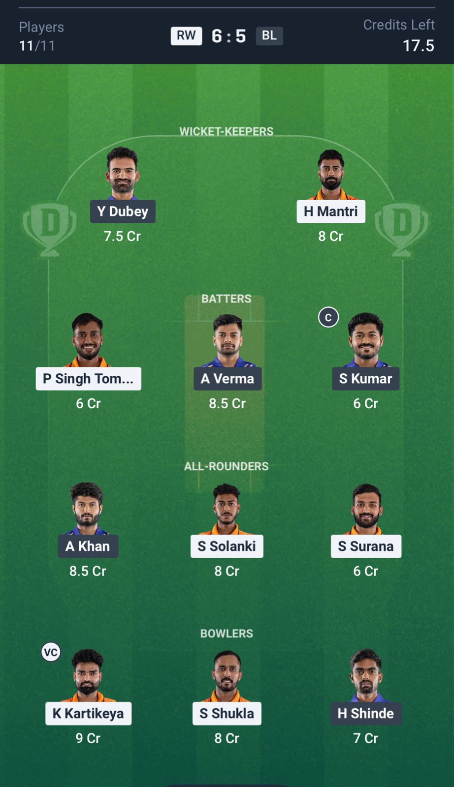 RW vs BL Dream11 Prediction, MP T20 League MATCH 11 Small League Team