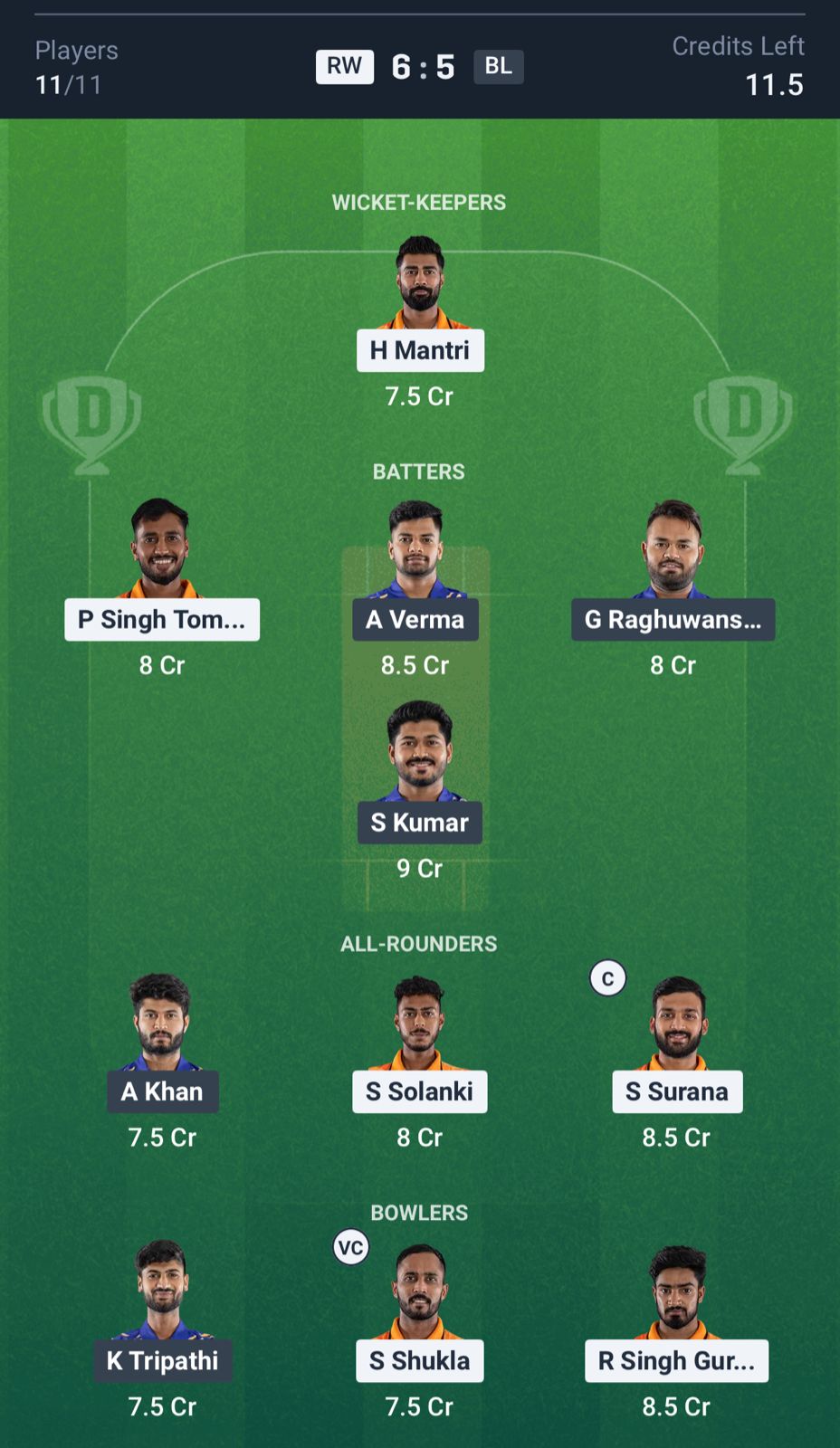 RW vs BL Dream11 Prediction, MP T20 League MATCH Semi Final 1 Grand League Team