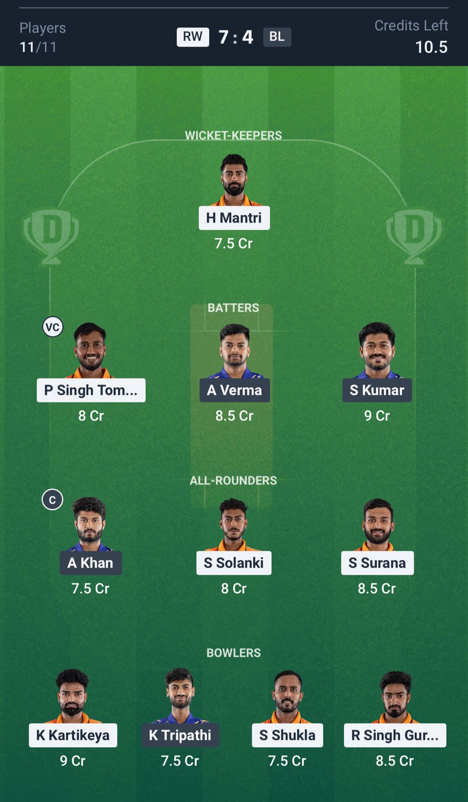 RW vs BL Dream11 Prediction, MP T20 League MATCH Semi Final 1 Small League Team