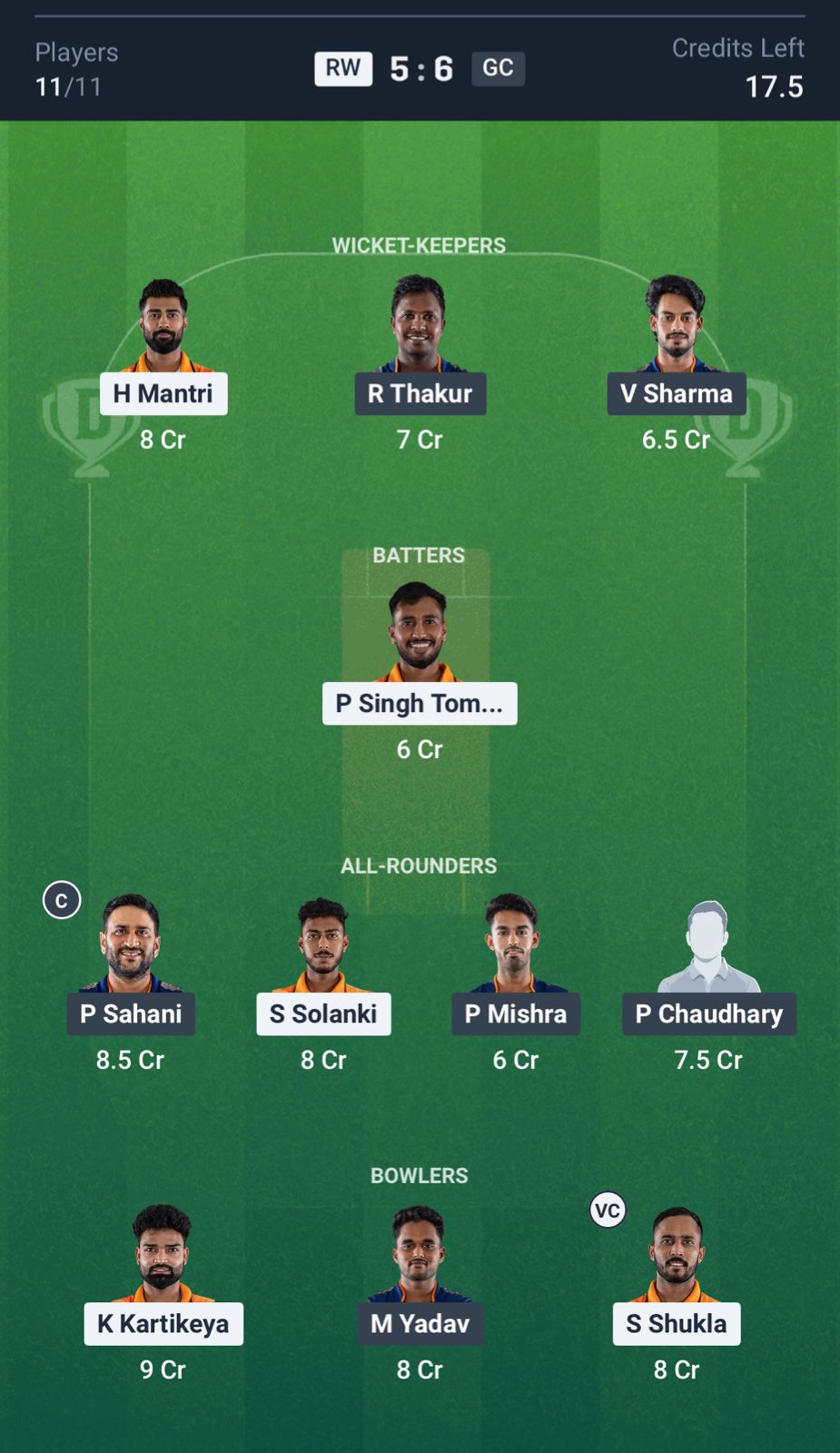 RW vs GC Dream11 Prediction, MP T20 League MATCH 4 Small League Team