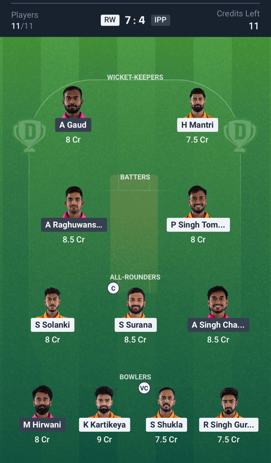 RW vs IPP Dream11 Prediction, MP T20 League MATCH 19 Grand League Team