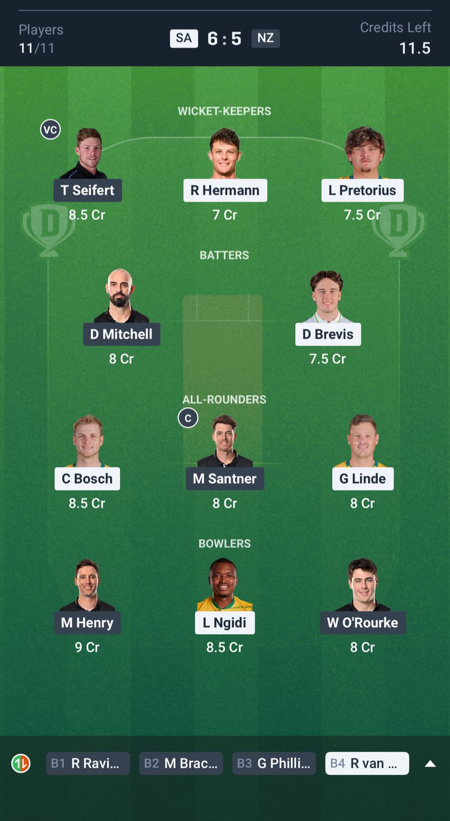 SA vs NZ Dream11 Prediction, Tri-nation series 2025 MATCH 2 Grand League Team